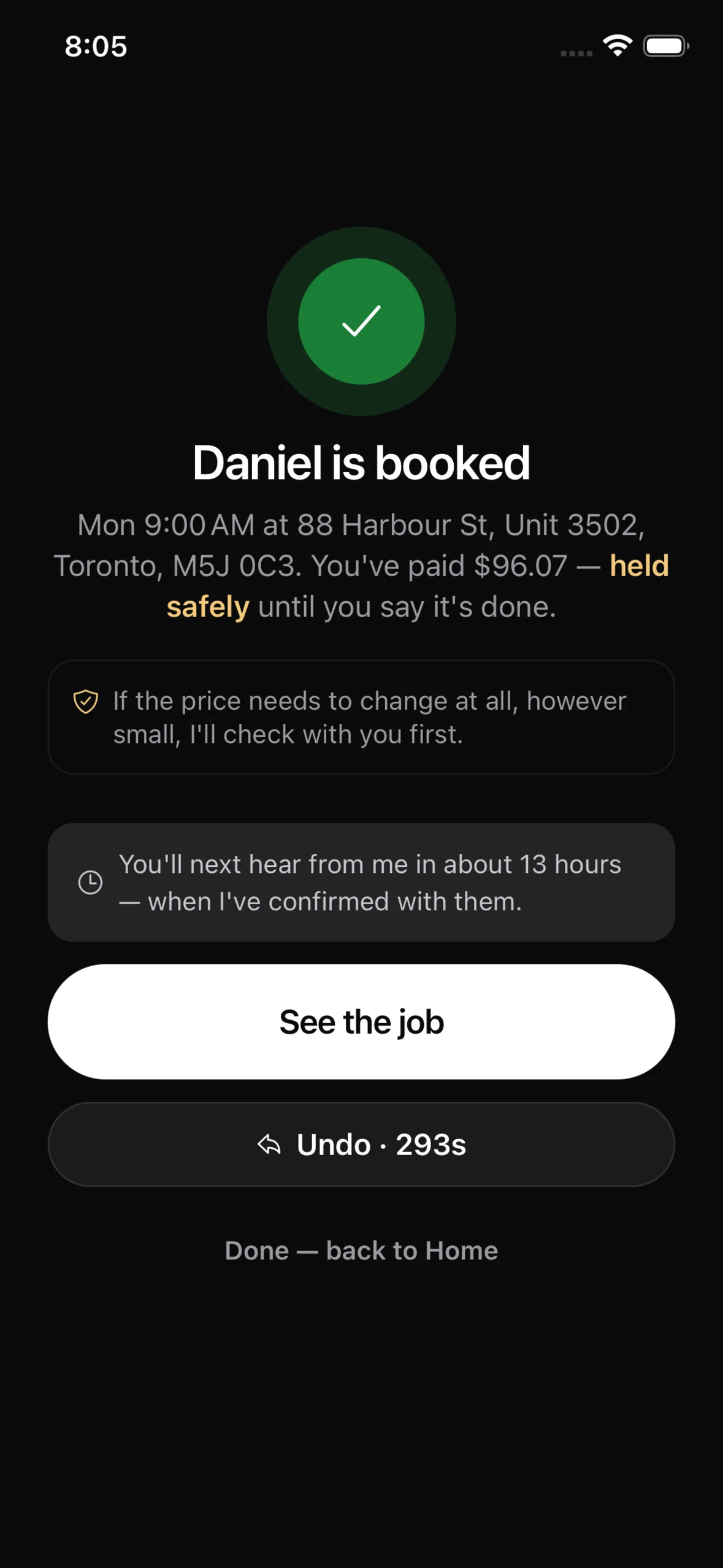 A confirmed Aria booking — the worker and time settled, and the amount held rather than charged until the job is signed off
