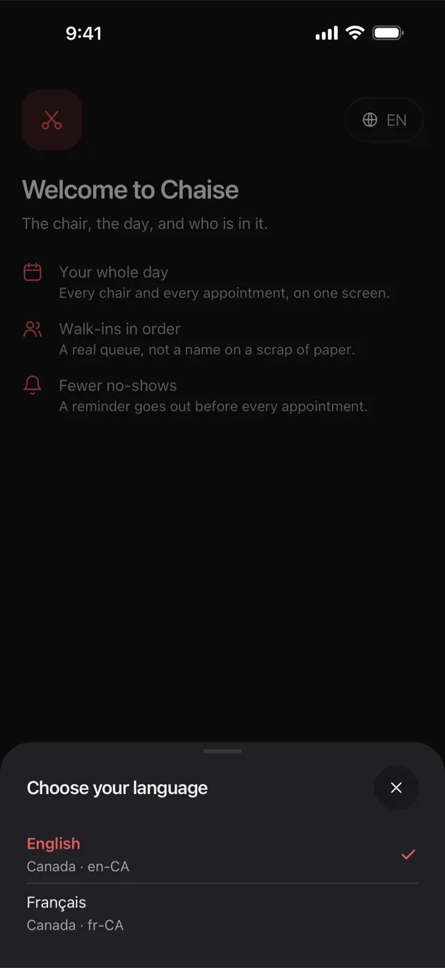 The Chaise app on iPhone: choosing your language