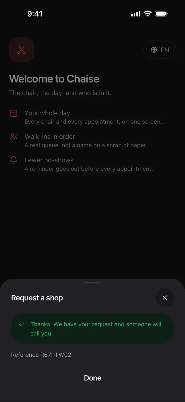 The Chaise app on iPhone: the request went