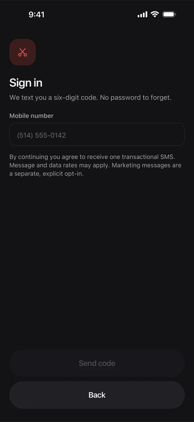 The Chaise app on iPhone: put your number in