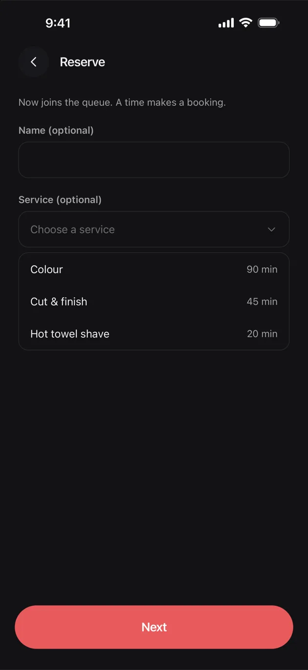 The Chaise app on iPhone: pick the service