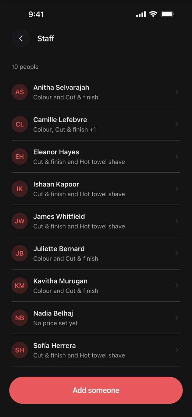The Chaise app on iPhone: open staff