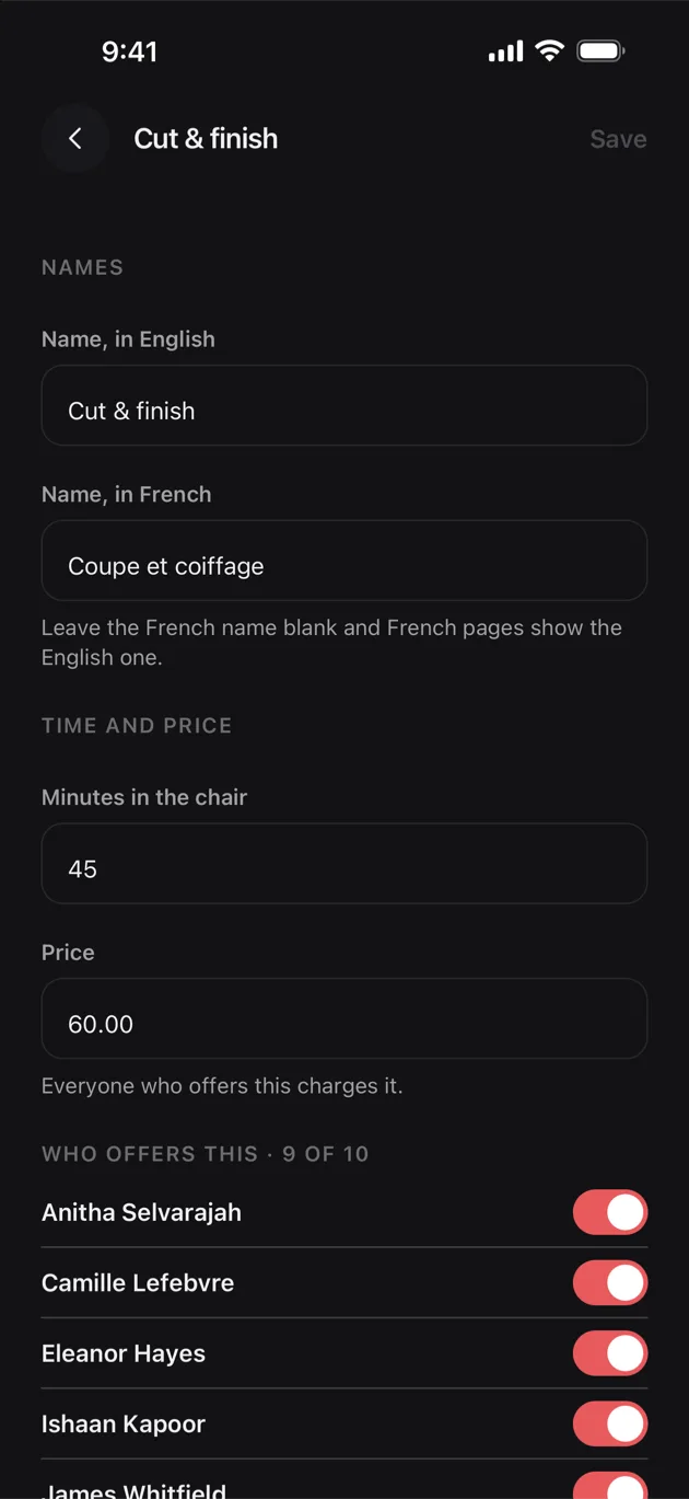 The Chaise app on iPhone: change a service