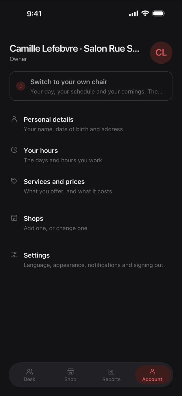The Chaise app on iPhone: the account tab