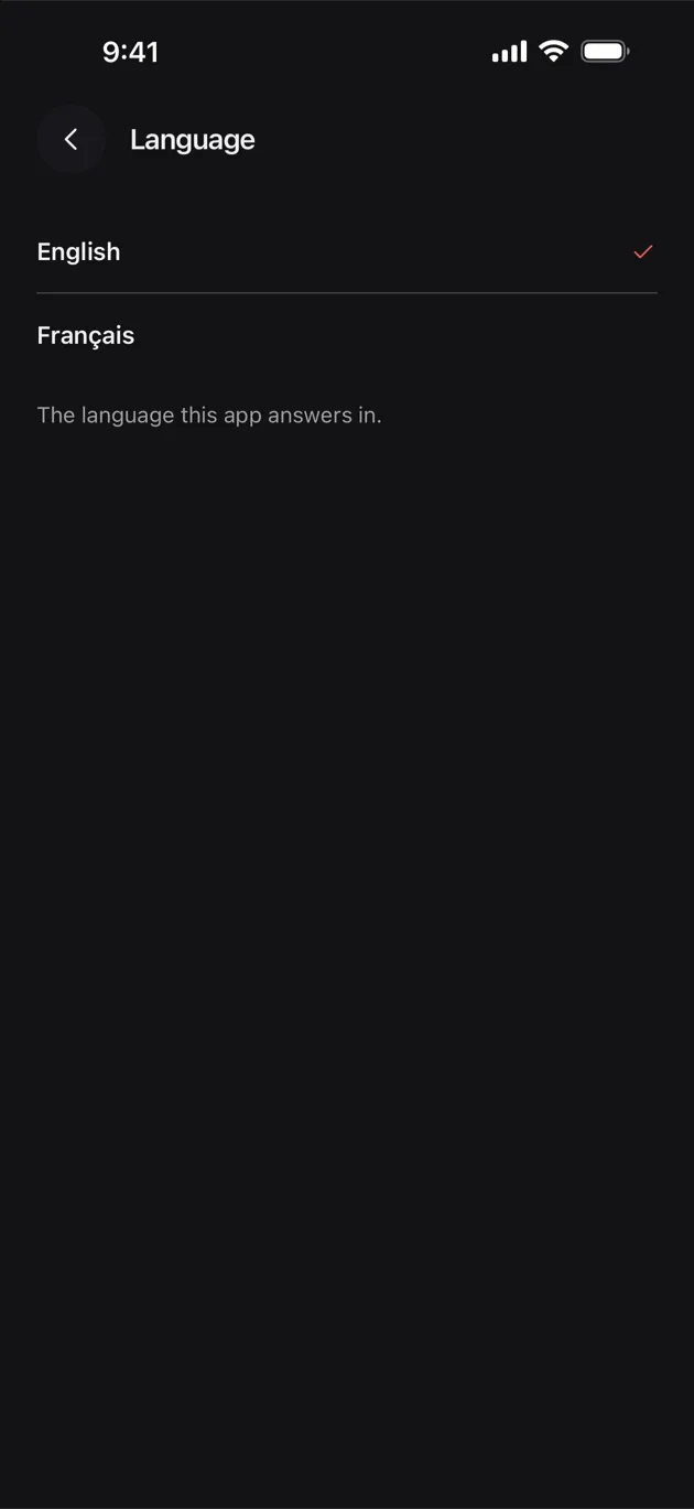 The Chaise app on iPhone: language