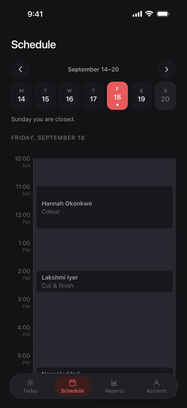 The Chaise app on iPhone: schedule