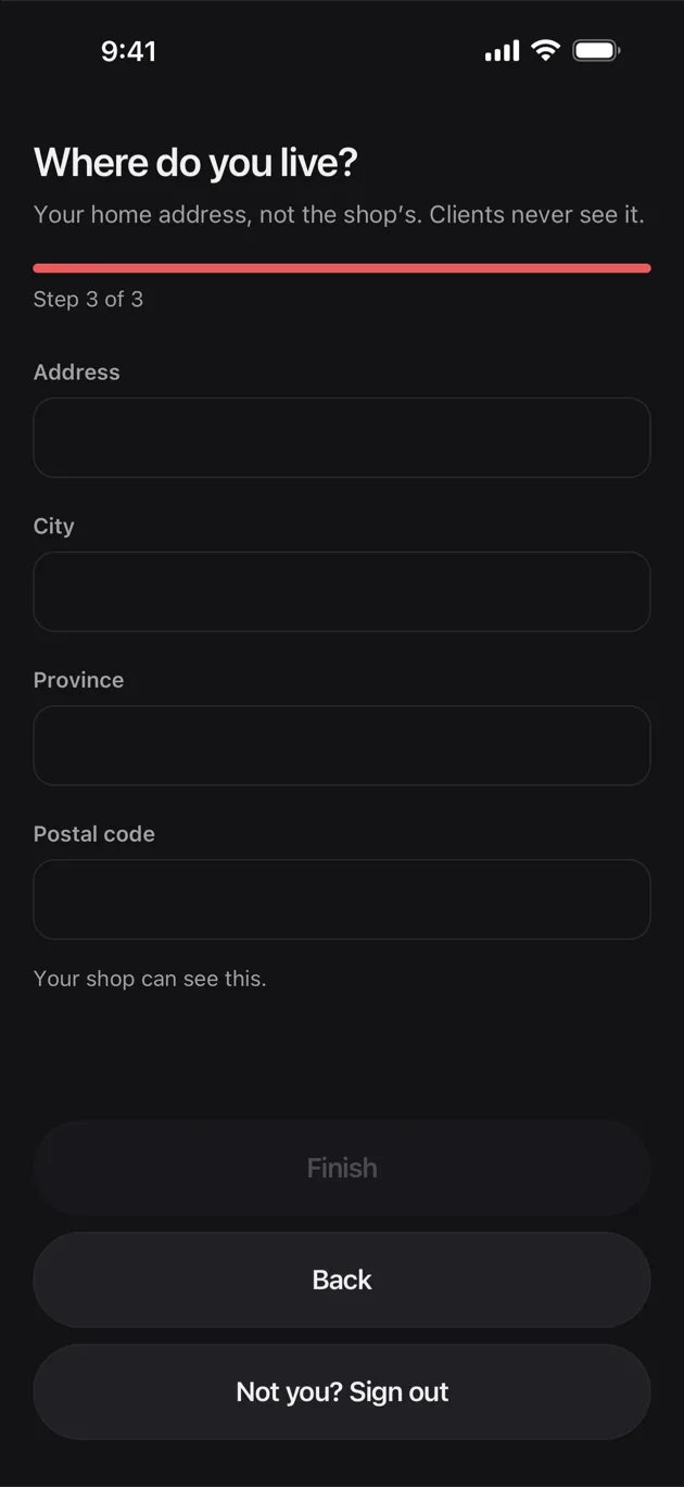 The Chaise app on iPhone: first sign-in: where you live
