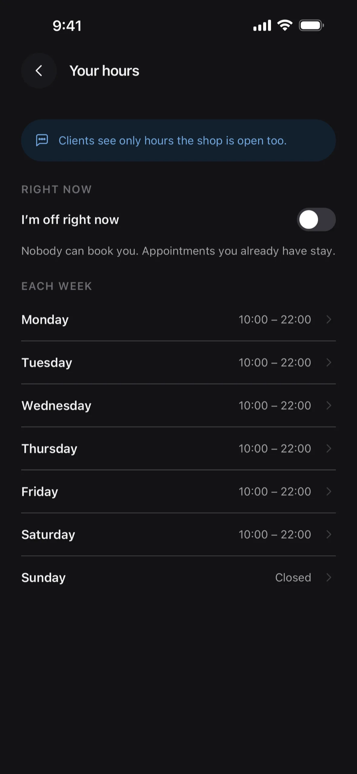 A stylist's working week in Chaise on iPhone, set within the shop's opening hours