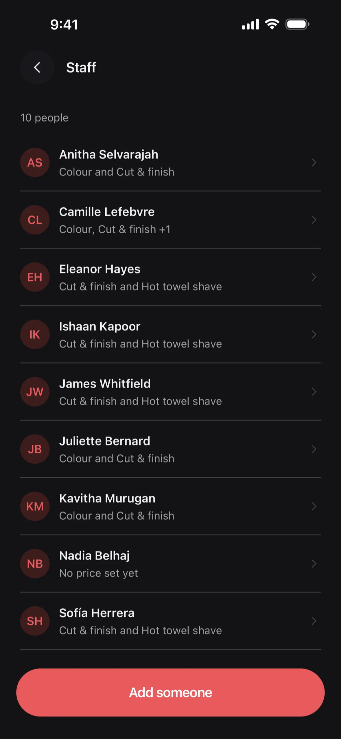 The owner's view in Chaise on iPhone: the whole team, and which services each person offers